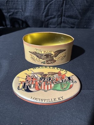 T. WALKER CO'S CUT PLUG TOBACCO TIN UNIVERSAL DESIGN BY DAMER NY. MADE-ENGLAND  