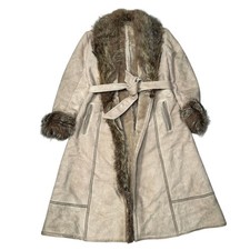 Vintage Sawyer of Napa Fifth Avenue Leather Long Coat Womens 12 Beige Fur Trim