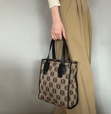 LOEWE Bag Anagram Hand Tote Purse Canvas Leather Beige Black Silver Authentic
