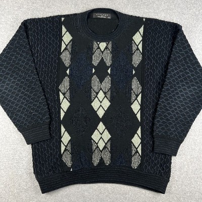 VINTAGE Protege Coogi Style Sweater 3D Chunky Knit Cosby XL Mens Black Blue 90s