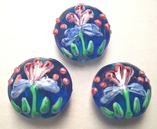 10pcs handmade Lampwork glass Oblate beads 12mm 18mm flower on Blue