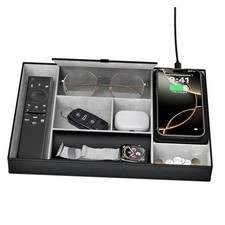 Valet Tray with Wireless Charger, Nightstand Organizer, Leather Black with Lid