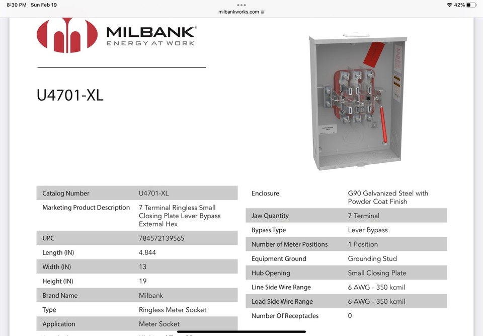 NEW Milbank 200 Amp 3 Phase 4W Meter Base Socket New In Box NIB 208/240 ...