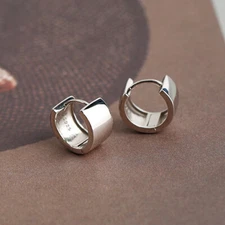 Womens Mens Sterling Silver Plain Flat Wide Huggie Hoop Hinged Earrings A4338