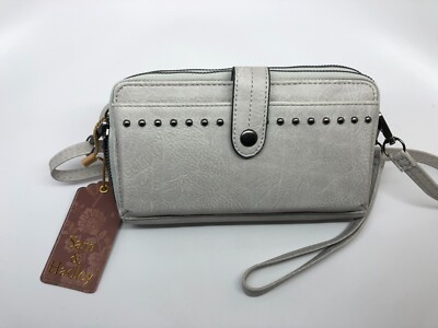 NWT Sam & Hadley faux leather stone  gray Wallet Purse Metal studs crossbody
