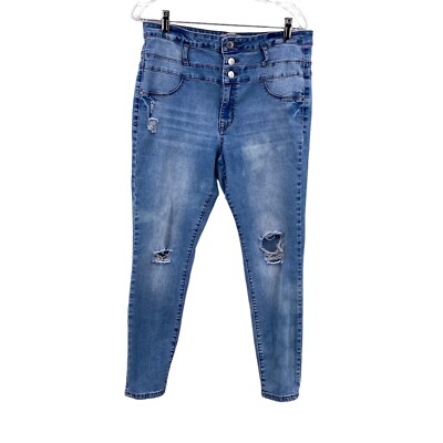 Refuge Womens Jeans Size 14 Blue Skinny High Rise 3-Button Medium Wash Destroyed