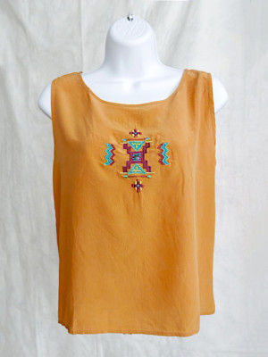 Vintage Levante 100% Sand washSilk Top with Aztec Applique Embroidery & Beading