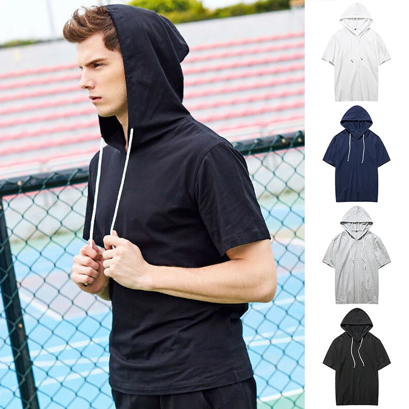 Mens Short Sleeve Hooded T-shirt Sports Gym Top Tee Shirt Hoodie