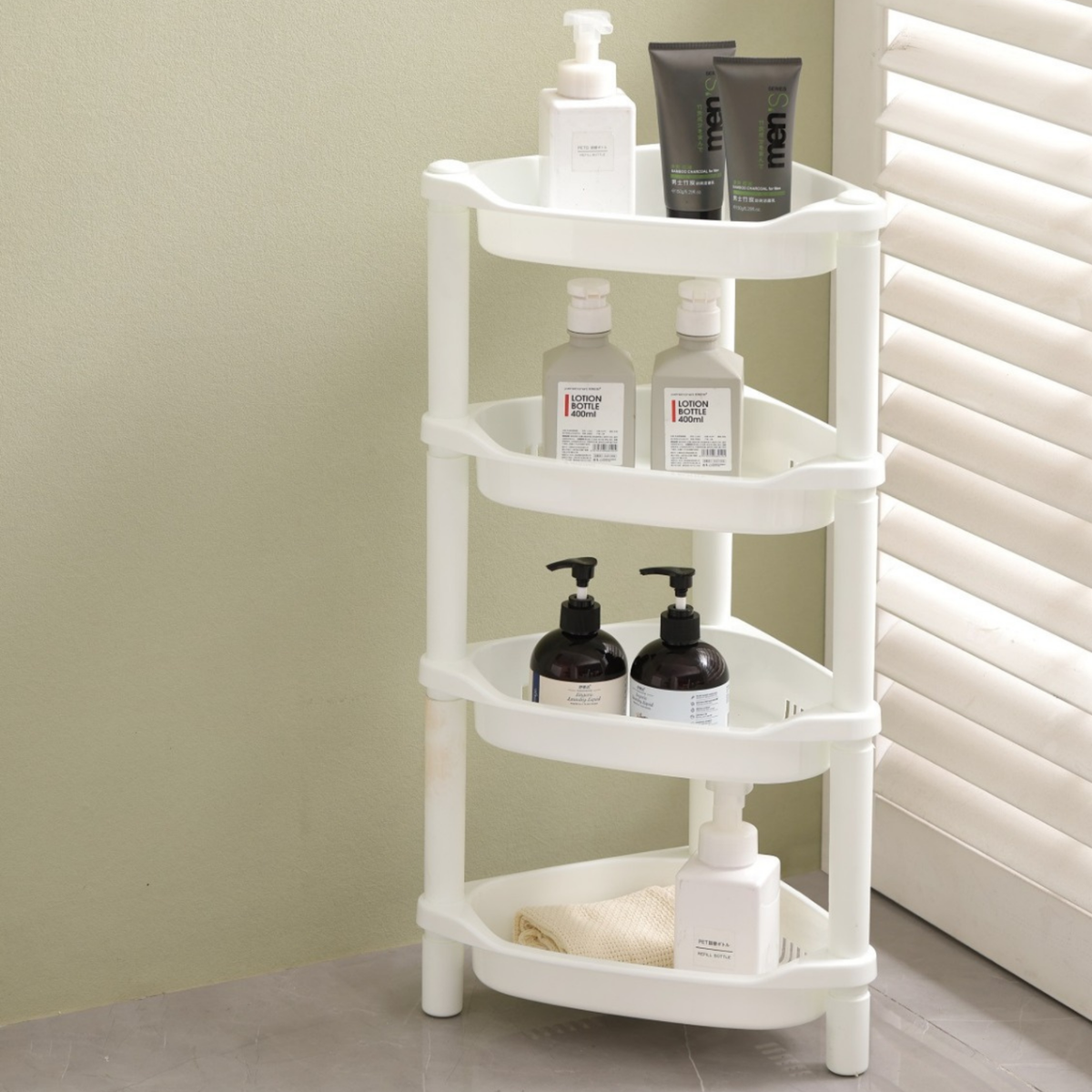 Bathroom 4 Tier Plastic Shower Caddy Corner Shelf Pole Rack Kitchen Storage Unit | UK