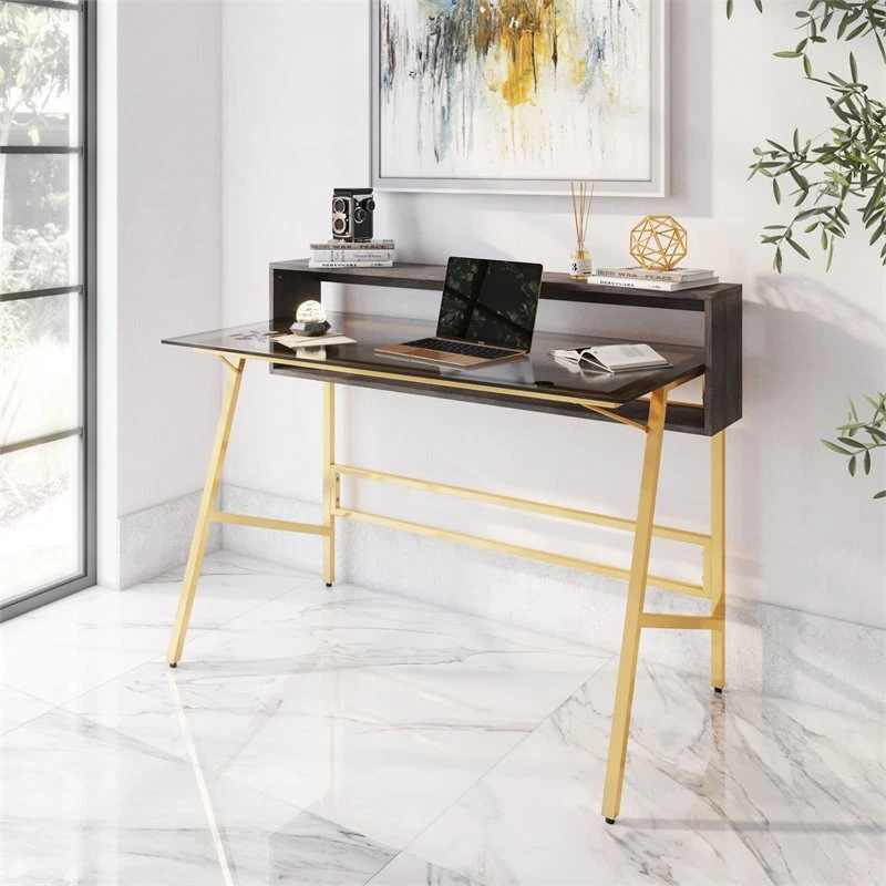 Techni Mobili White and Gold Desk for Office with Drawers & Storage