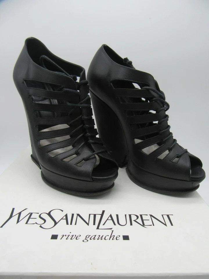 YVES SAINT LAURENT Cuñas peep-toe enjauladas de cuero negro con cordones talla 39 Foto 3 de 4