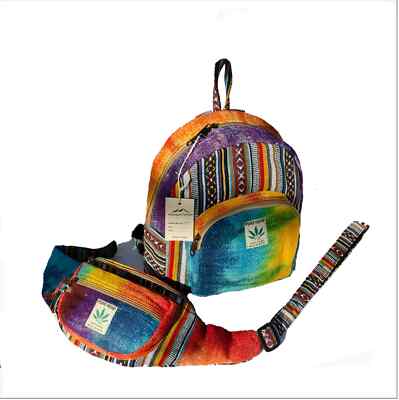 Mini Tie Dye Hemp American Native Design Backpack and Fanny Pack - Water Bottle 