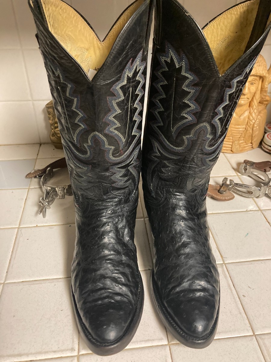 DISTRESSED BLACK LEATHER OSTRICH PANHANDLE SLIM ENGINEER  display picture 3