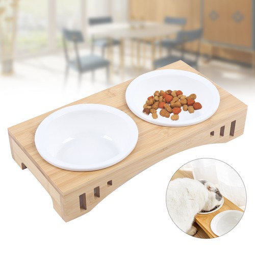 Double Bowl Dog Cat Feeder Bamboo Elevated Stand Raised Dish Feeding Food Water