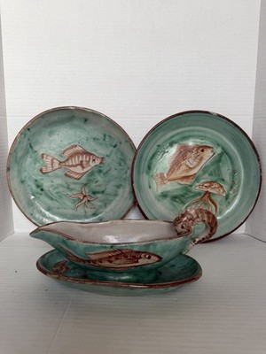 Set Of 3 Musa Vietri Al Mare Sea Fish 2 Plates Saucer Italy Hand Painted Pottery