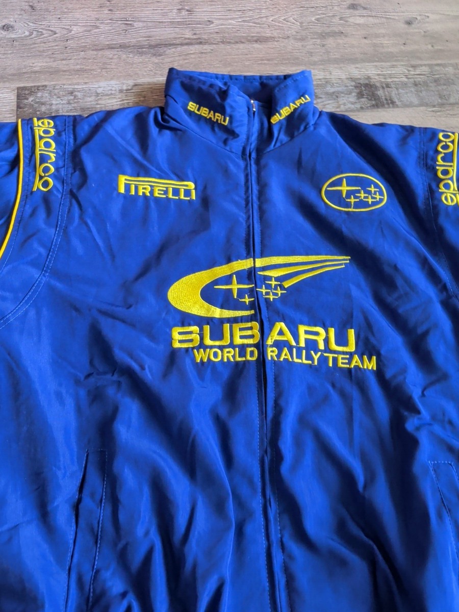 Vintage Subaru World Rally Team Bomber Jacket Blue Yellow