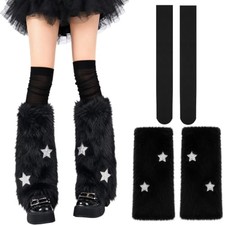 Y2K Fuzzy Leg Warmers, Stars Faux Fur Leg Cover with Stockings