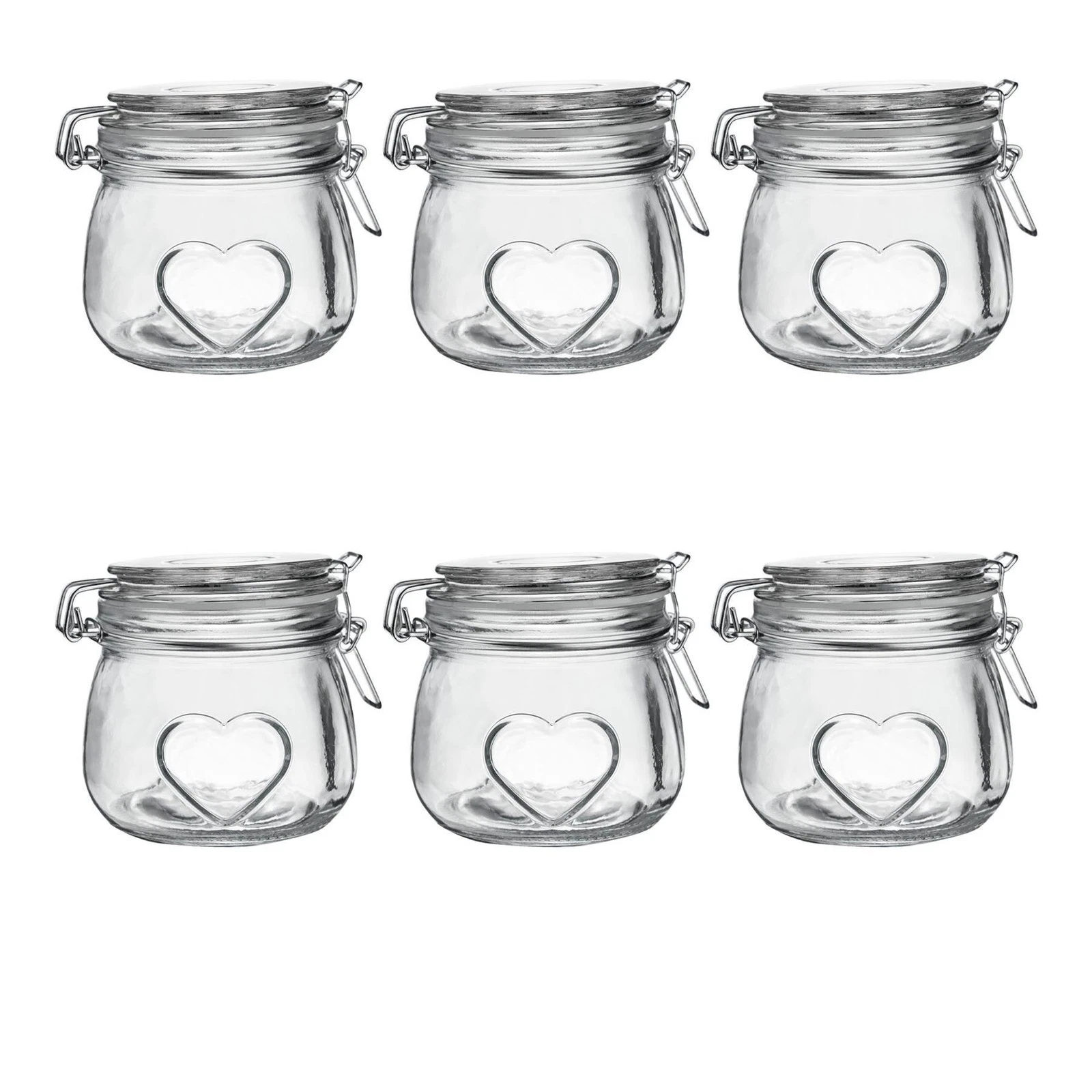 Heart Glass Storage Jars - 500ml - Clear Seal - Pack of 6