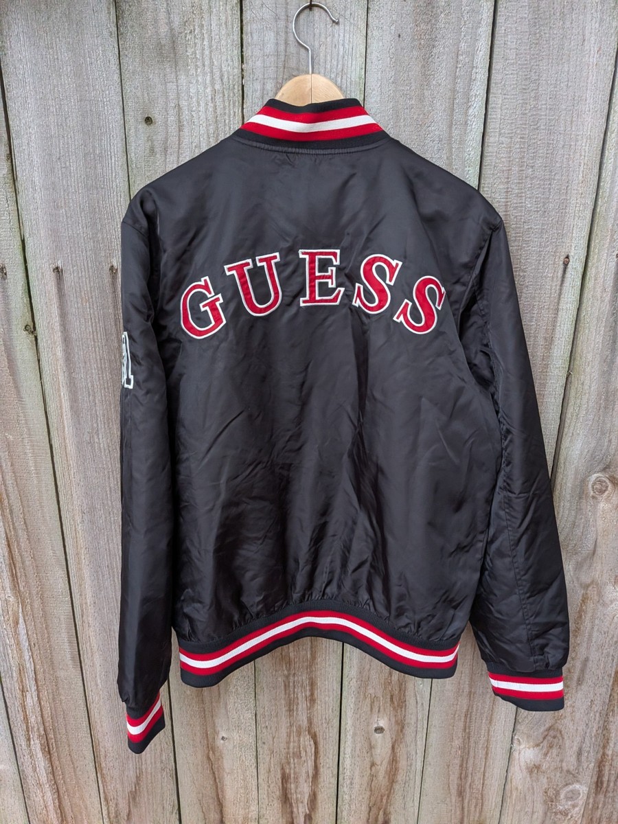 Guess Satin Bomber Jacket Snap Closire 81 Spellout Logo Medium