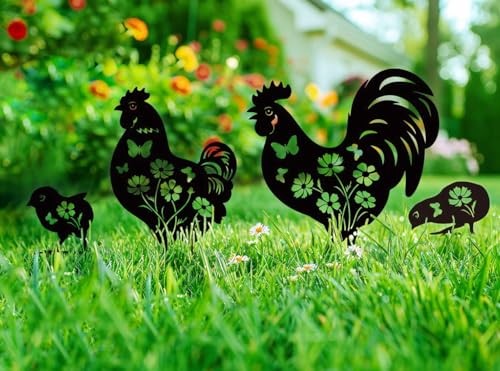 Metal Chicken Garden Decor for Outside, 4 Pcs Metal Chicken Yard Art, - Picture 3 of 6