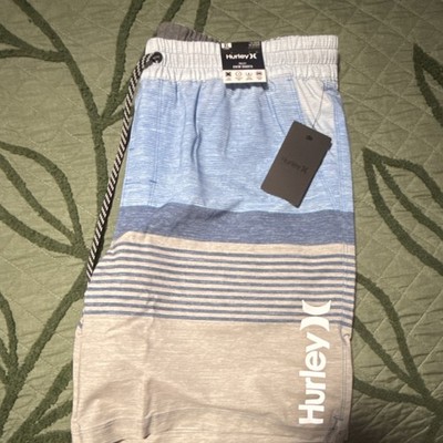 Hurley Striped Beach Shorts Blue Gray Drawstring Lightweight Cotton Blend Men's