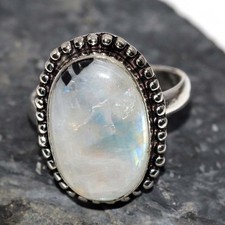 925 Silver Plated Rainbow Moonstone Ring US 7.5 Elegant Jewelry GW