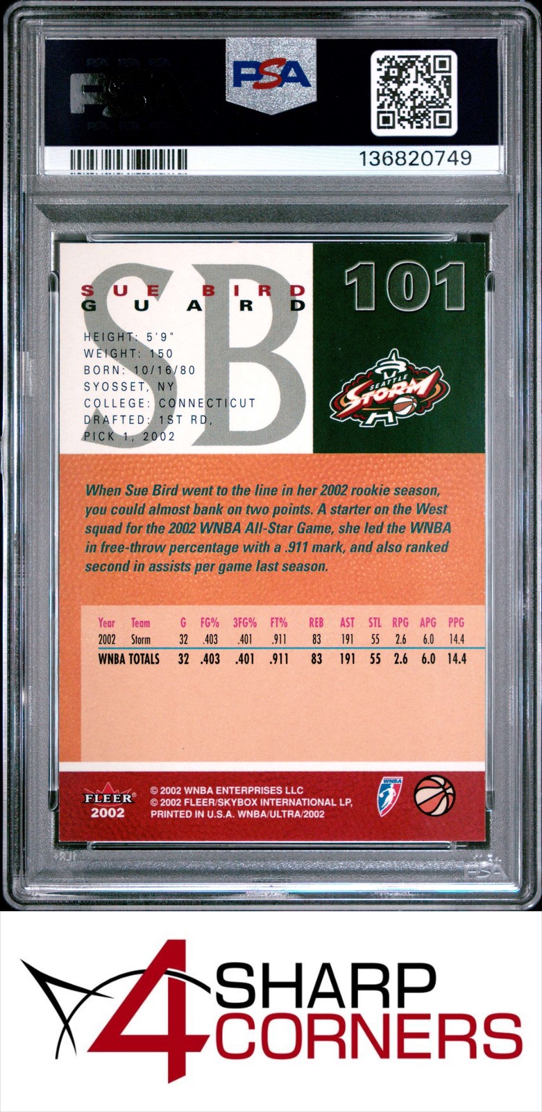 2002 ULTRA WNBA #101 SUE BIRD HOF PSA 9 view 2