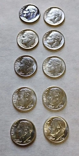 Lot of 10 - U.S. 90% Silver Roosevelt Dimes BU 1959-64 Various Mints $1 Face #10