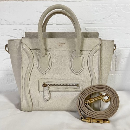 CELINE Luggage Nano Shopper 2WAY Handbag White Leather Old Logo Used From Japan