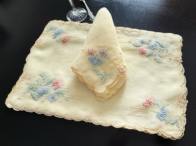 Vintage Madeira Organdy 8 Placemats  5 Napkins Yellow Floral 13 PC