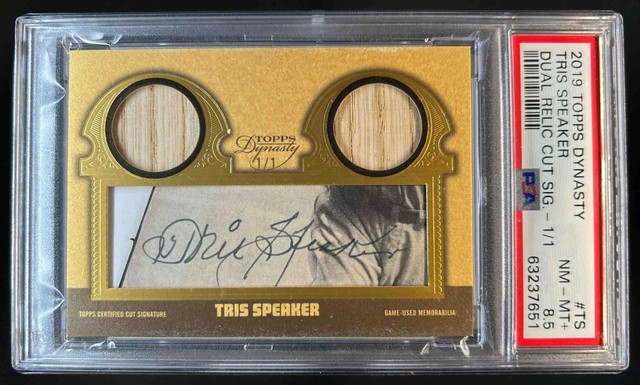 2019 Topps Dynasty Tris Speaker Dual Relic Cut Signatures Bat Auto #1/1 PSA 8.5