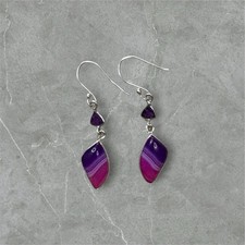 Platinum Over 925 Silver Purple Banded Botswana Agate/Amethyst Dangle Earrings