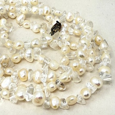 Genuine Pearl and Quartz Chip Necklace Sterling Silver Clasp Long Strand