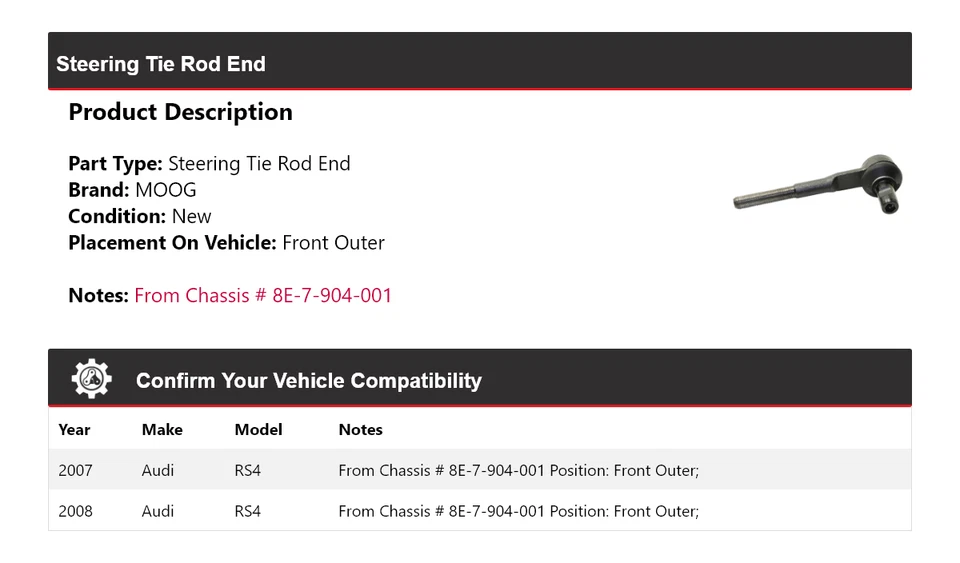 Barra de amarre delantera exterior MOOG para Audi RS4 2007-2008 Foto 2 de 4