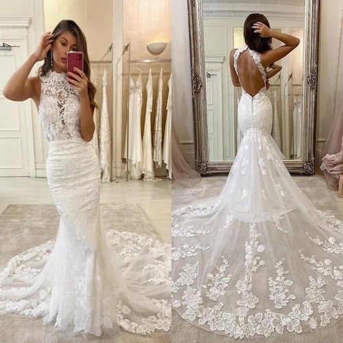 Elegant Mermaid Wedding Dresses High Neck Sleeveless Backless Lace ...