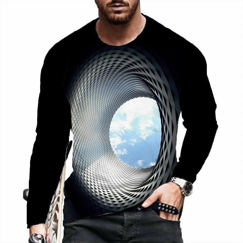 T-Shirt Men Vintage 3D Optical Illusion Black Long Sleeve Novelty T Shirts Silky