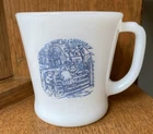 Vintage Currier and Ives White D Handle Milk Glass Coffee Mug Cup Blue Children