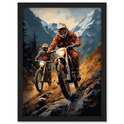 Motocross Biker Racing Action Shot blau orange Berg gerahmter Kunstdruck A3