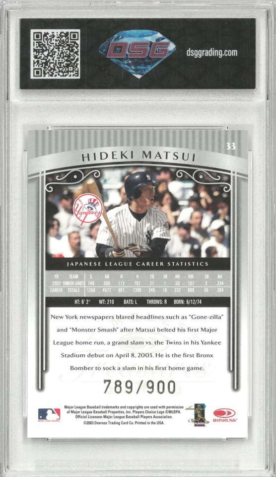 2003 Donruss Timeless Treasures HIDEKI MATSUI #33 Rc  /900 💎 DSG 10 Gem Mint - Image 2 of 2