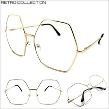 OVERSIZED EXAGGERATED Retro Style Clear Lens EYE GLASSES Huge Gold Hexagon Frame