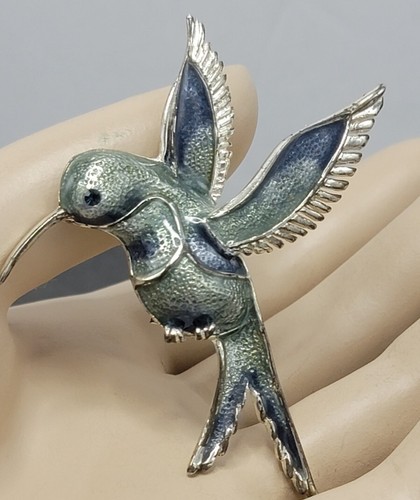 Contemporary Silvertone Figural Hummingbird Brooch Pin Light Blue Green Enamel - Picture 2 of 10