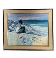 IMPRESSIONIST COASTLINE FIGURE ON BEACH OCEAN ILLUSTRATION VINTAGE PAINTING