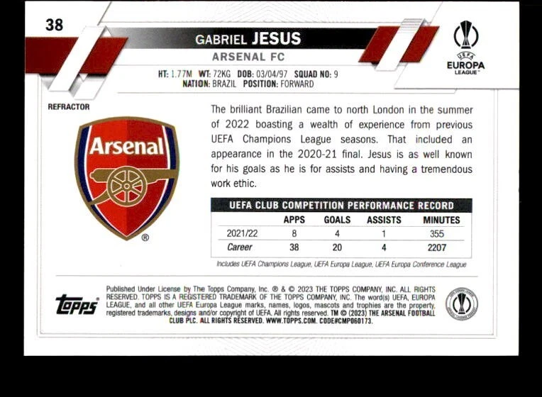 2022-23 Topps Chrome UEFA Club Competitions Refractor #38 Gabriel Jesus Arsenal - Image 2 of 2