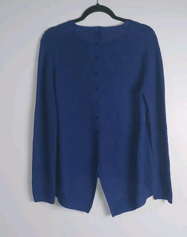 Hoss Intropia Royal Blue Button Back Merino Wool Blend Open Knit Sweater Size XL - Image 2 of 4