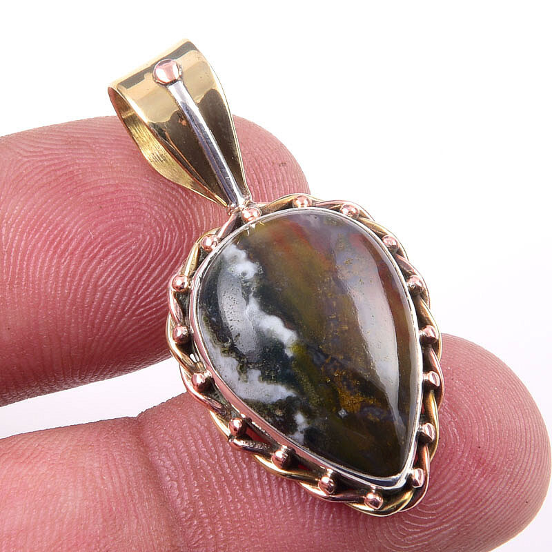 Natural Bloodstone Sterling Silver Two-Tone Pendant 1.25 Inch