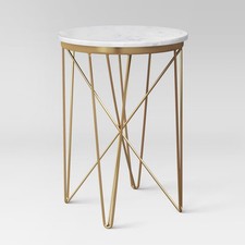 Threshold End Table Marble Round Narrow Crisscross Legs Mid-Century Modern Gold
