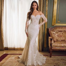 Custom Sexy Mermaid Strapless Wedding Dresses Long Sheer Sleeves Applique Bridal