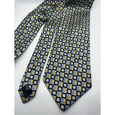 Jos. A. Bank Mens Silk Necktie Blue Gold White Geometric Square Pattern USA Made
