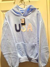 Womens Blue Pullover Hoodie L USA Graphic Studded Accent Hooded Pockets