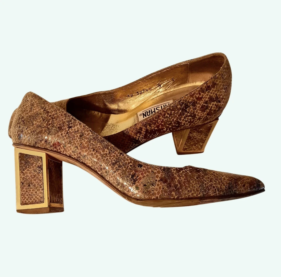 Zapatos de salón de colección TIMOTHY HITSMAN de cuero en relieve de serpiente tostado/dorado/multi talla 9 Foto 4 de 4